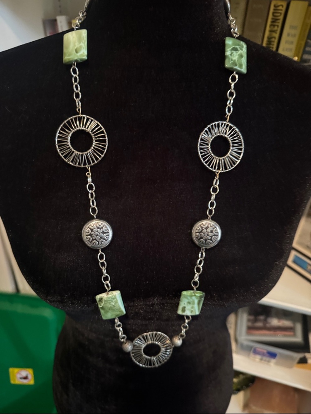 Handmade Silver-Tone Chain Necklace with Green Stone Accents
